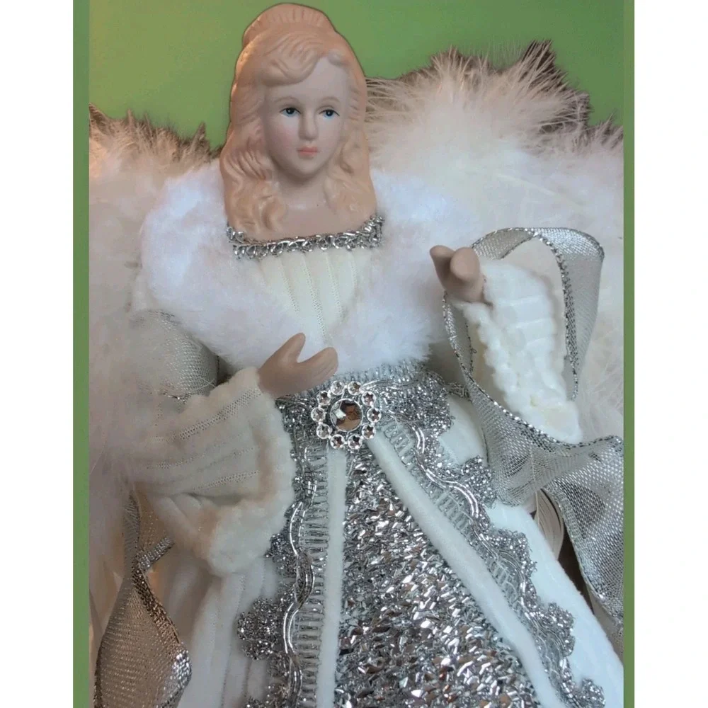 Victorian Xmas Angel Tree Topper White‎ Silver  Feather wings 12